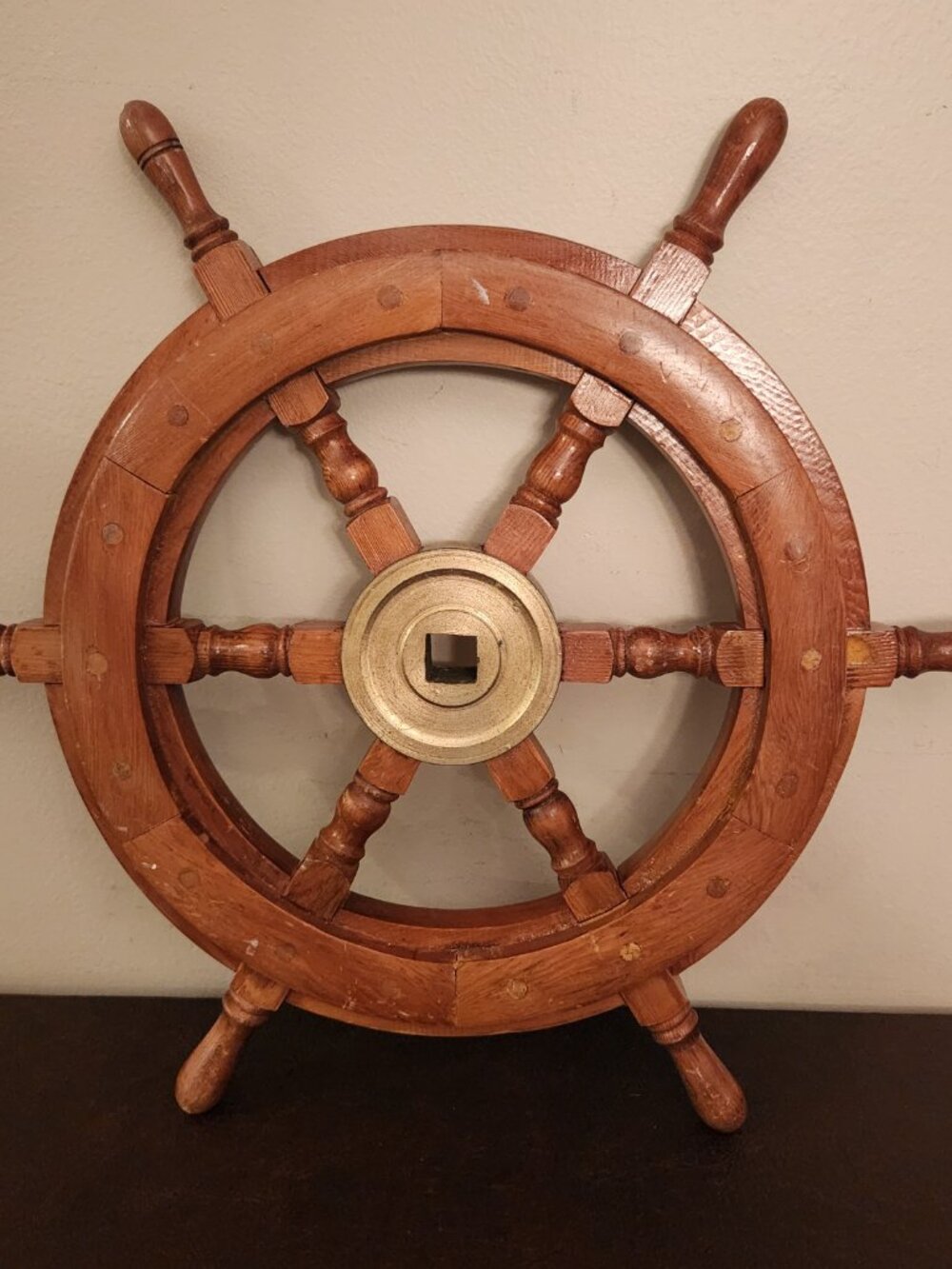 Vintage solid wood and brass ship captain wheel helm is a nautical decor